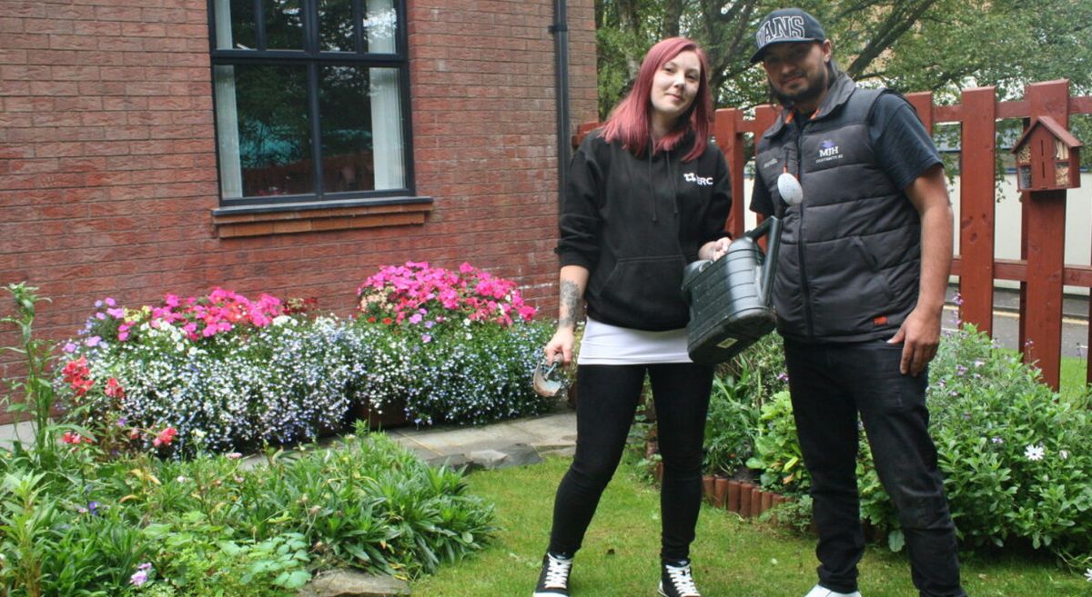 SERC Access Student Vikki Pinkerton beside Michael Howell, MJH Contracts NI, in the Bangor Community Garden.